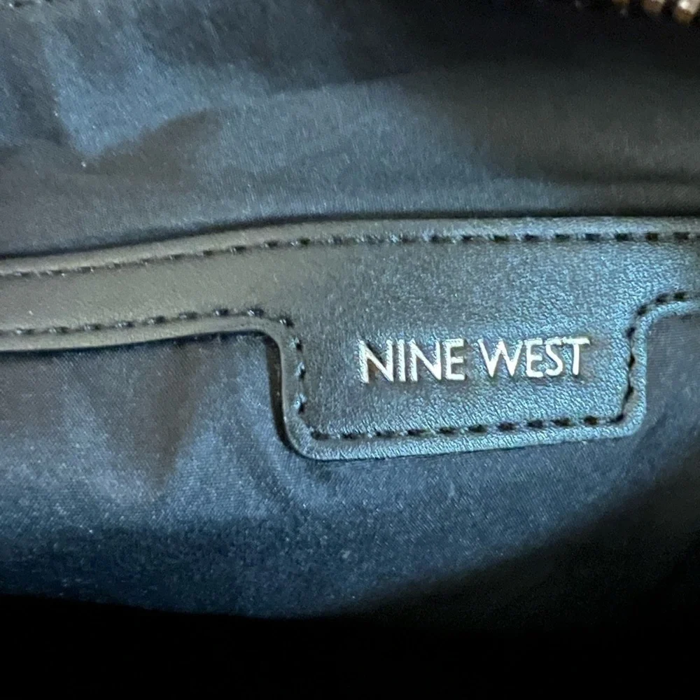 Nine West large black zipper pouch with iridescent blue & pink bees / bugs